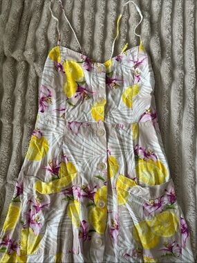 Forever 21 Womens Yellow Pink Button Front Lemon Tropical Sundress Size Medium